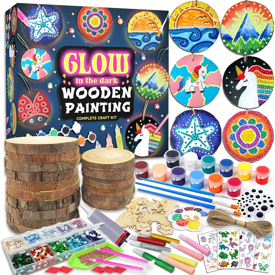 klmars Kids Wooden Painting Kit-Glow in The Dark-Arts & Crafts Gifts for Boys Girls Ages 5-12-Wood Slice Craft Activities Kits - Creative Art Toys for 5, 6, 7, 8, 9, 10, 11 & 12 Year Old Kids