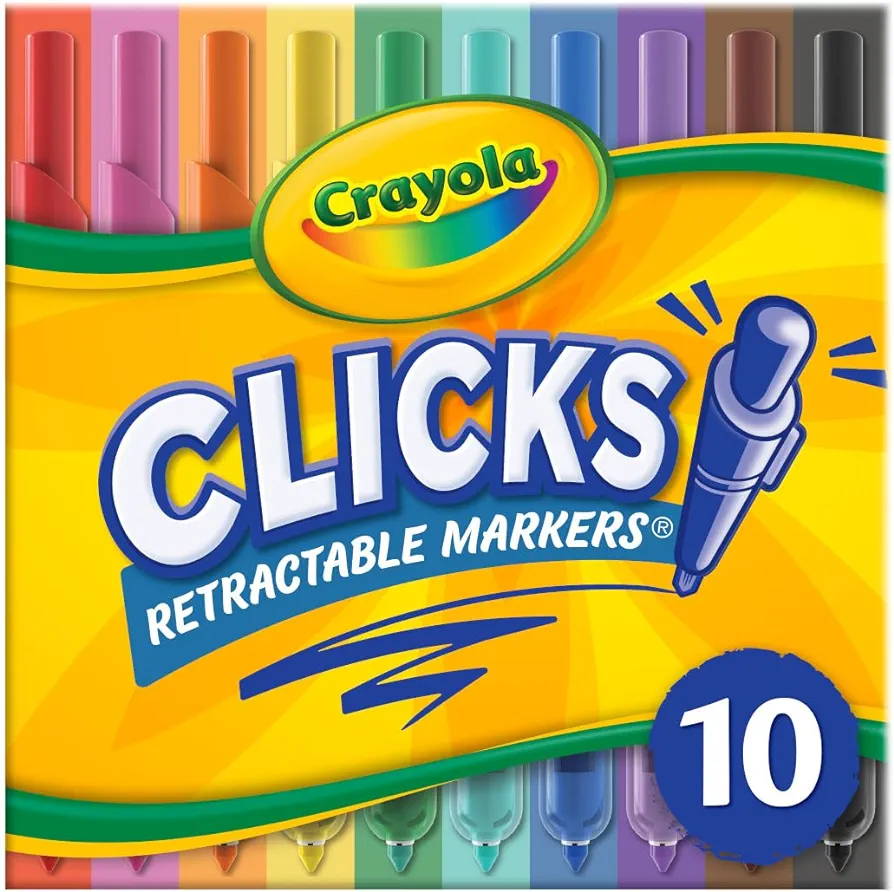 Crayola Clicks Retractable Tip Markers (10ct), Washable Art Marker Set, Coloring Markers for Kids, Back to School Supplies, 3+