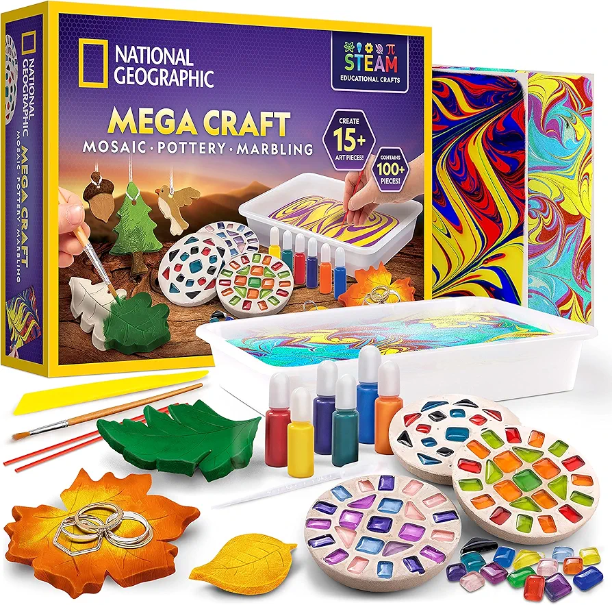 Mega Arts and Crafts Kit for Kids – Mosaic Kit, Marbling Paint Kit & Air Dry Clay Pottery Kit – Art Projects for Kids Ages 8-12, Crafts for Girls and Boys (Amazon Exclusive)