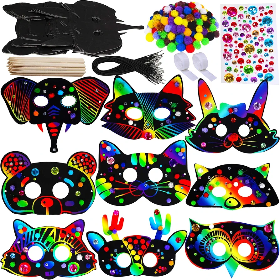 Winlyn 27 Sets Magic Scratch Off Art Rainbow Magic Scratch Paper Animal Masks Owl Rabbit Tiger Wolf Bear Squirrel Fox Bear Elephant Cutouts Face Kids Jungle Forest Animal Birthday Party Activities