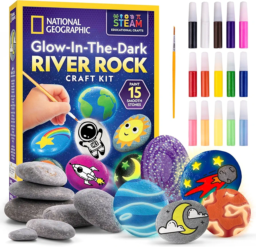 Glow in The Dark Rock Painting Kit - Crafts for Kids, Decorate 15 River Rocks with 15 Paint Colors & Art Supplies