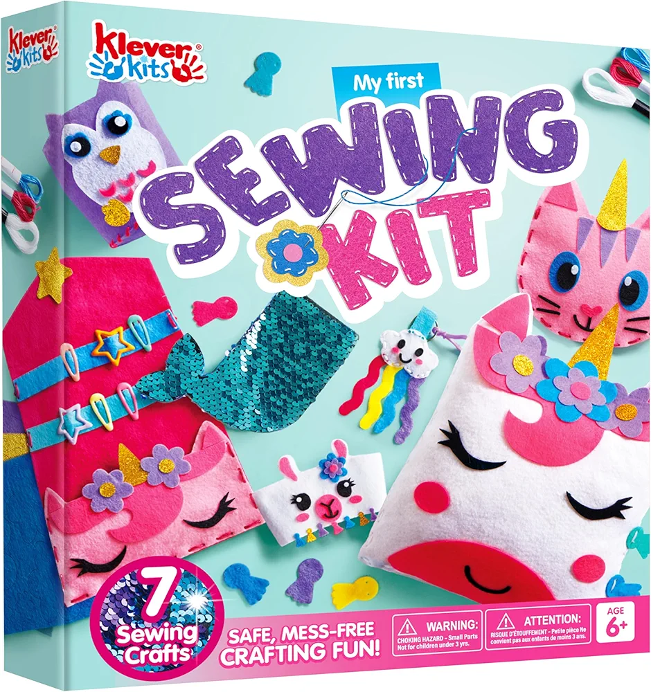 Klever Kits 7 Sewing Projects- My First Felt Sewing Kit- Easy DIY Animal Crafts of Unicorn Pillow and Mermaid Card Holder, Gift for Kids Aged 6+