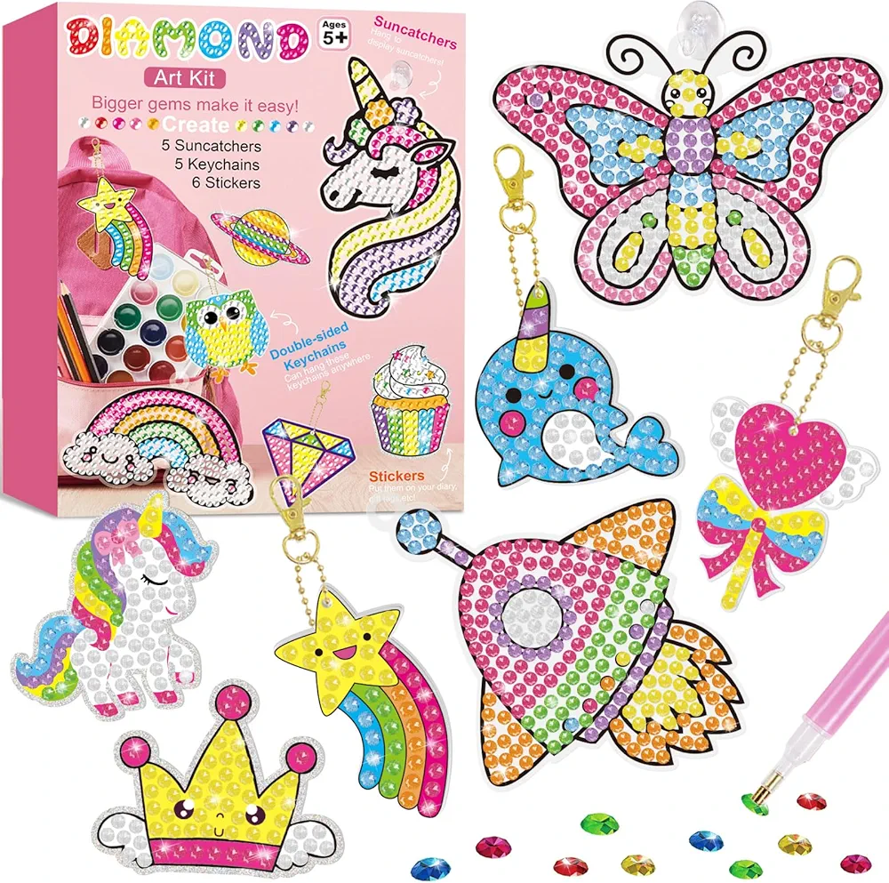 BANBBUR 16Pcs Gem Art for Kids Age 4-8 8-12,Kids Crafts 5D Gem Diamond Art Kit with 5 Suncatchers/5 Keychains/6 Magical Stickers,Painting Art Crafts for Christmas