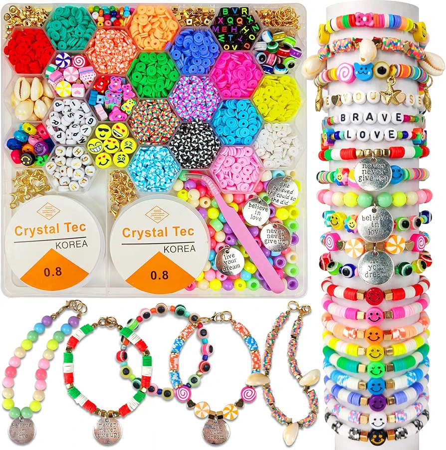 Clay Beads Arts and Crafts Kit for Jewelry Making, With Smiley Letter Beads, Gifts for Girls Age 6-12