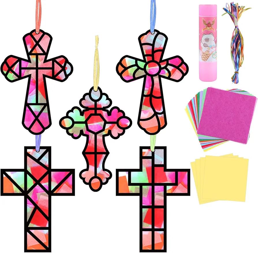 36PCS Cross Suncatchers Kits Paper Craft Set Cross DIY Window Stained Glass Effect Paper for Sunday School Window Art Classroom Decor Crafts Creative Art Projects Kids Party Favors Gift