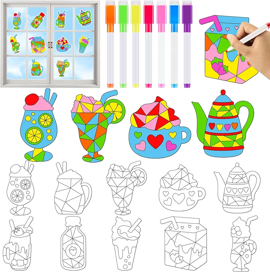 30Pcs Summer Arts Crafts for Kids Summer Window Suncatchers Crafts Kit DIY Ice Cream Coloring Crafts Window Cling Sticker with Markers Hobby Gifts for Home Decorations Classroom Activities