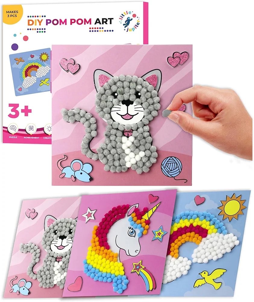 Little Jupiter DIY Pom Pom Art - Makes 3 Art Pieces -Boy & Girl Crafts for Kids Age 3-5 - Toddler Crafts Ages 3-5 - Pom Pom Arts and Crafts - Art Projects for Kids 3-5 - (Set 2-Unicorn, Rainbow, Cat)