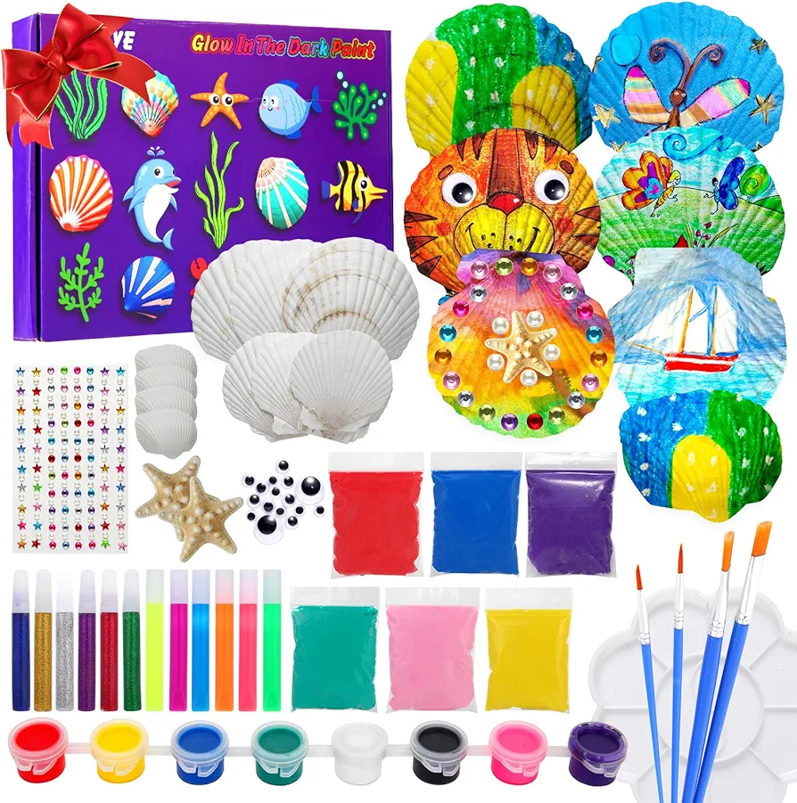 Kebuye Sea Shell Painting Kit - Arts & Crafts Painting Gifts Toys for Kids Toddler Boy Girl Ages 4 5 6 7 8 9 10 11 12 Year Old, 12 Shells 8 Paint 6 Clay DIY Creative Activities Toys