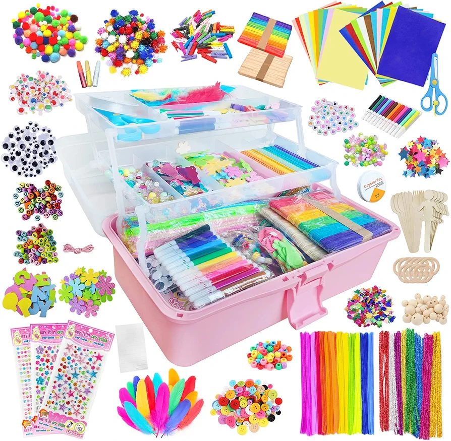 Itopstar 3000 Kids Arts and Crafts Supplies for Kids Girls Crafting Supply in 3 Layered Plastic Art Box All in One Kids Ages 4 5 6 7 8 9 10 11 & 12 Year Old Girls & Boys Crafting Supply Set