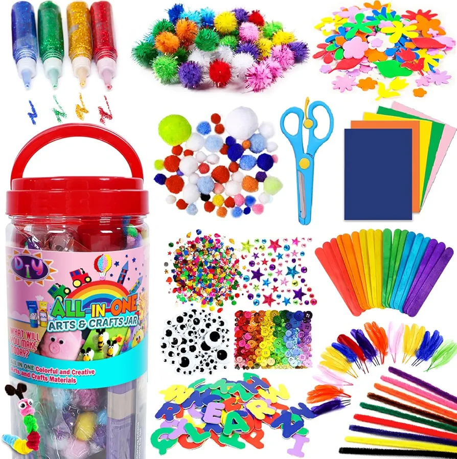 FUNZBO Arts and Crafts Supplies for Kids - School Craft Supplies Set with Glitter Glue Stick, Glue, Pipe Cleaners Craft and Kids Scissor, Gifts for Girls and Boys Age 4+ (Medium)