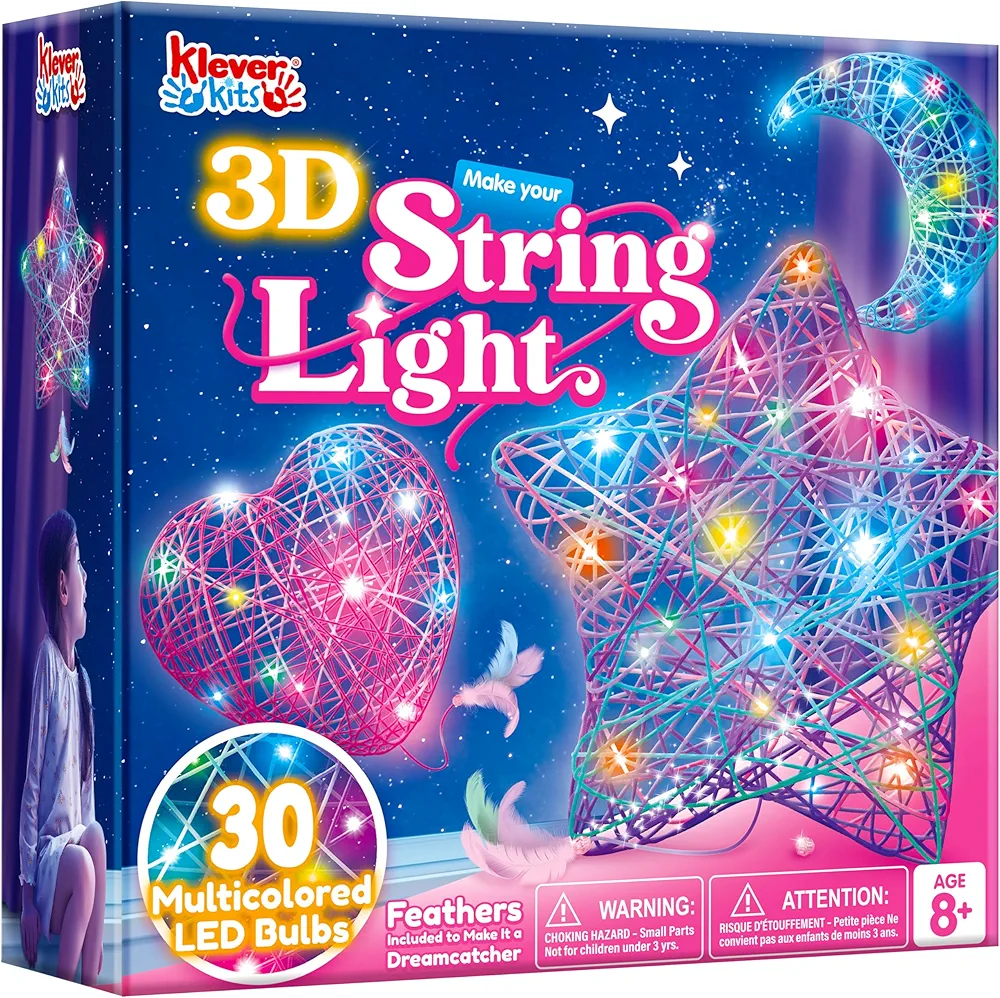 Klever Kits 3D String Art Kit for Kids, Light Up String Light Toy with 30 Multi-Colored LED Bulbs, Arts and Crafts Set, Birthday Gifts for Girls and Boys Ages 8-12