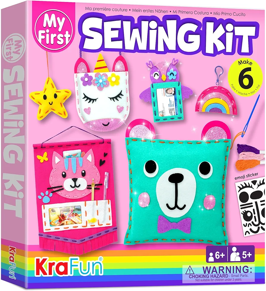 KRAFUN My First Sewing Kit for Beginner Kids Arts & Crafts, 6 Easy DIY Projects of Stuffed Animal Dolls and Plush Pillow Craft, Instructions & Felt, Gift for Girls, Boys, Learn to Sew, Embroidery