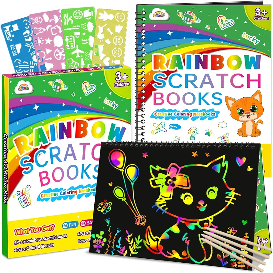 ZMLM Scratch Paper Art Craft Gift: 2 Pack Rainbow Scratch Art Set for Kids Drawing Coloring Craft Black Magic Art Supplies Kits for Girls Boys Birthday Party Favor Easter Christmas Craft Toys