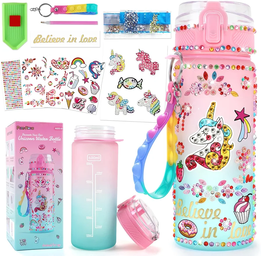 PERRYHOME Decorate Your Own Unicorn Water Bottle Kits for Girls, Unicorn Toys for Girls Age 4-10 Painting Crafts, Fun Arts and Crafts Kits 6-12 Year Old Toddler Girls Birthday Christmas Gifts Toys