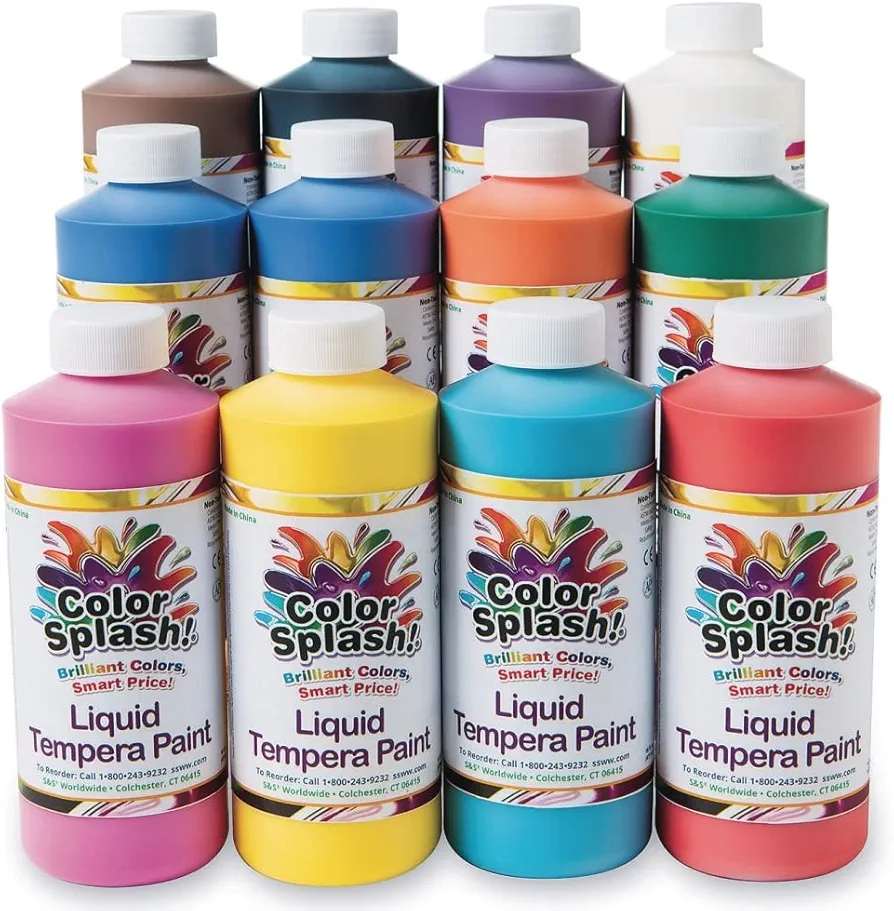 S&S Worldwide Color Splash! Liquid Tempera Bulk Paint, Set of 12 in 11 Bright Colors, 16-oz Easy-Pour Squeeze Bottles, For Arts & Crafts, School, Classroom, Poster Paint, For Kids & Adults, Non-Toxic.