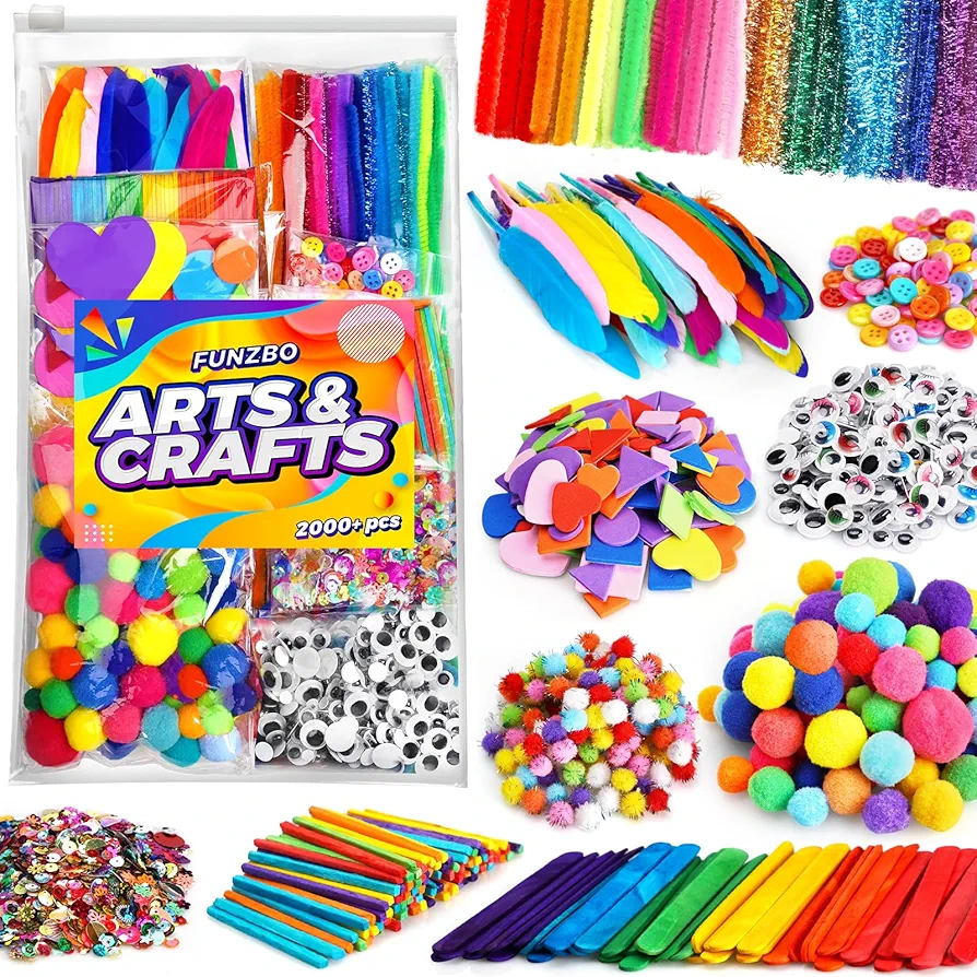 FUNZBO 2000Pcs+ Arts & Crafts Supplies Kits for Kids,DIY Craft Supplies for Toddlers DIY Art Supply Tools Set Include Pipe Cleaners,Pom Poms,Feather for Crafts,Crafts for kids Ages 4-8