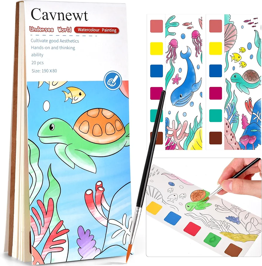 Cavnewt Pocket Watercolor Painting Book,21-Pages, Travel Paint Watercolor Coloring Book Set for Kids 3-8 Years Old,Boys and Girls Party Birthday Thank You Exchange Art Craft Gifts-Undersea World