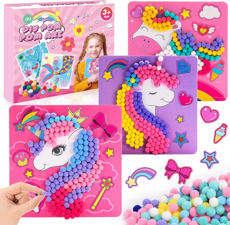 Pom Poms Arts & Crafts Kit for Toddlers, Girls Unicorn Crafts Gifts DIY Toys for Kids 2 3 4 5 6 - Toddler Crafts DIY Sensory Activity - Builds Fine Motor & Coordination Skills - Makes 3 Art Pieces