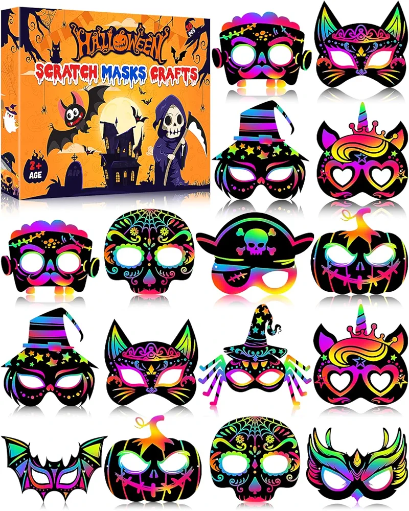 MDCGFOD 30PCS Halloween Crafts for Kids, Halloween Rainbow Scratch Art Masks Kits Toddler DIY Magic Scratch Paper for Halloween Party Favors Classroom Activities Toys Party Games Cosplay Supplies